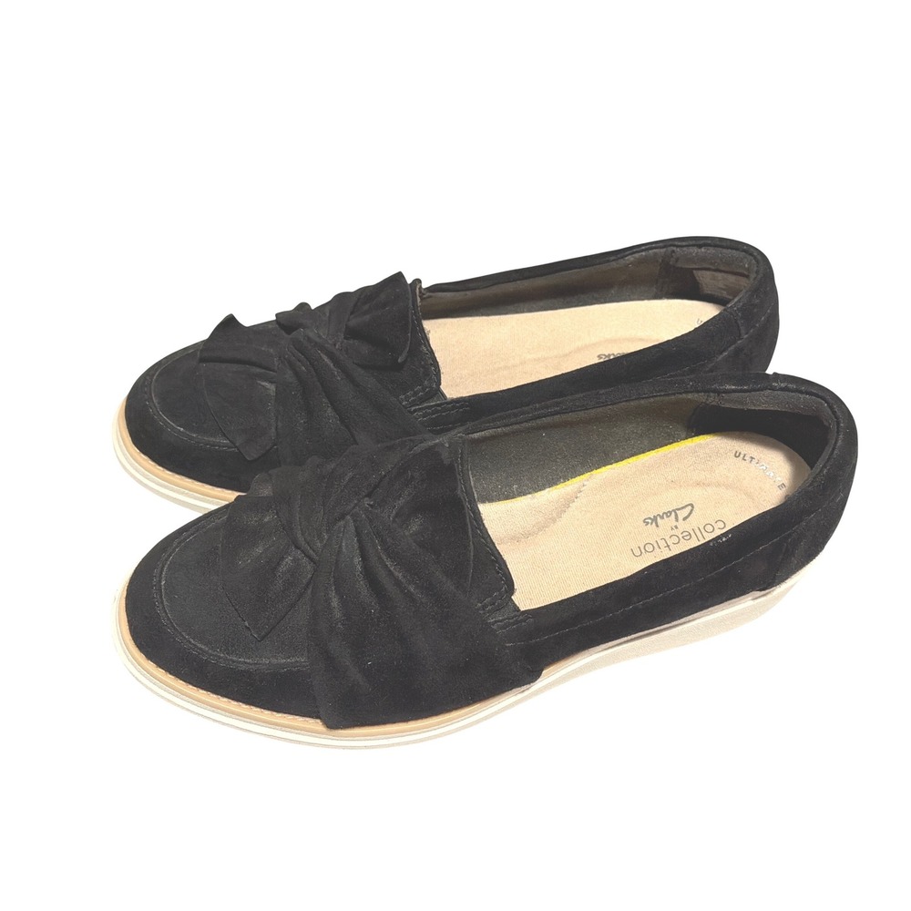 Clarks Collection Ultimate Comfort Black Suede Bow Knot Platform Loafers Shoes